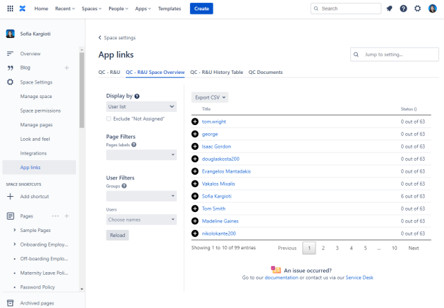 space overview by user list